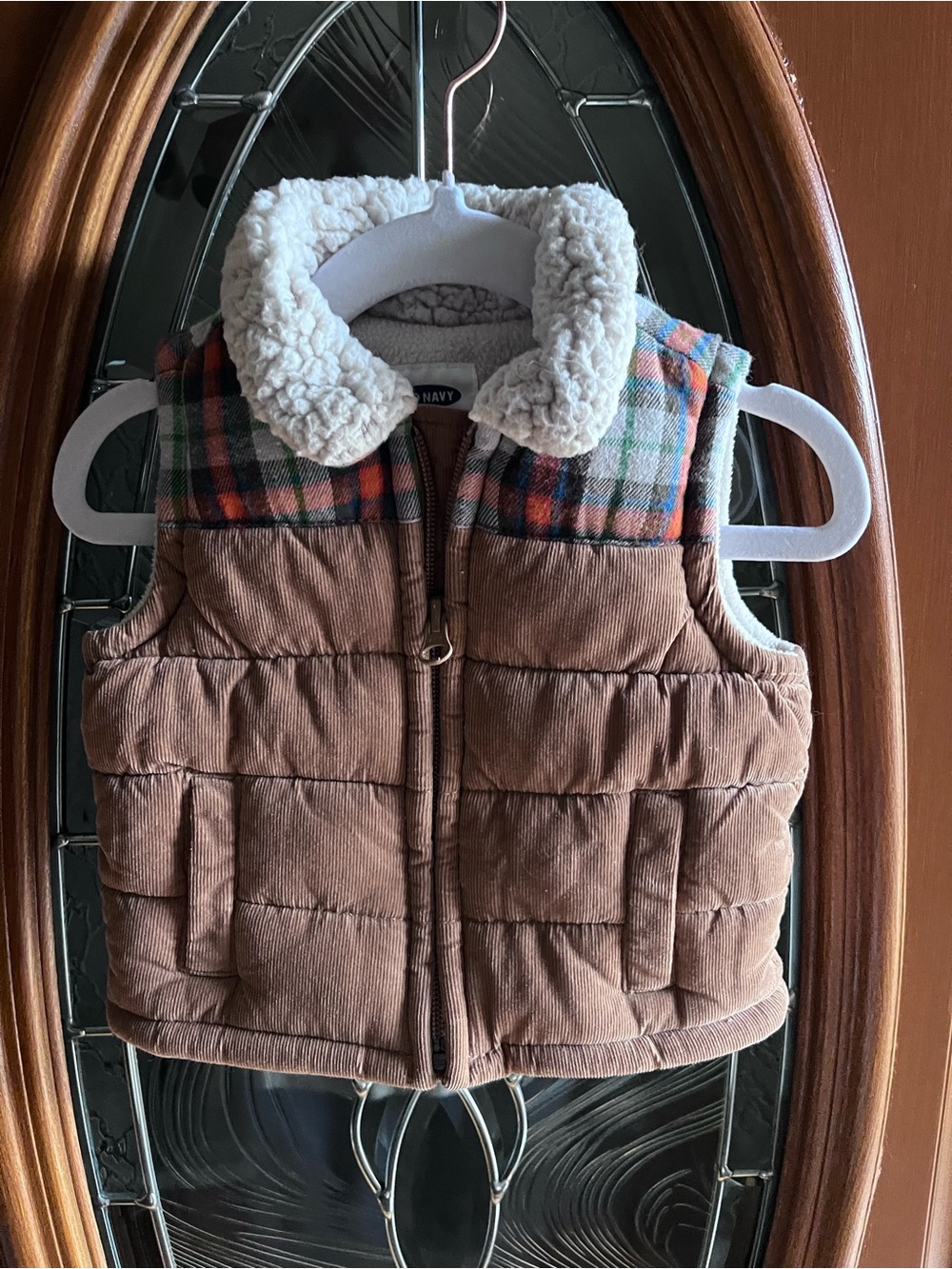 Old Navy Baby Brown Corduroy Vest with Sherpa Collar and Plaid Design NWOT